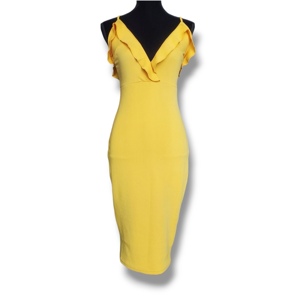 NWT REVAMPED Bodycon V-neck Spaghetti Straps Midi Dress In Bright Yellow